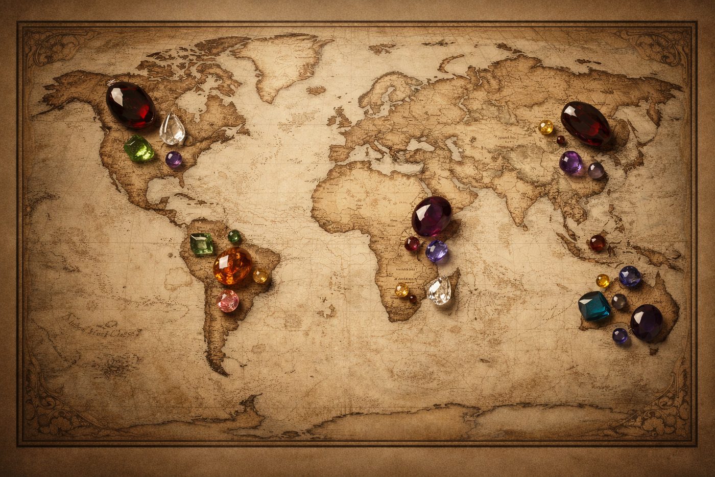 A map highlighting key gemstone origin regions around the world.