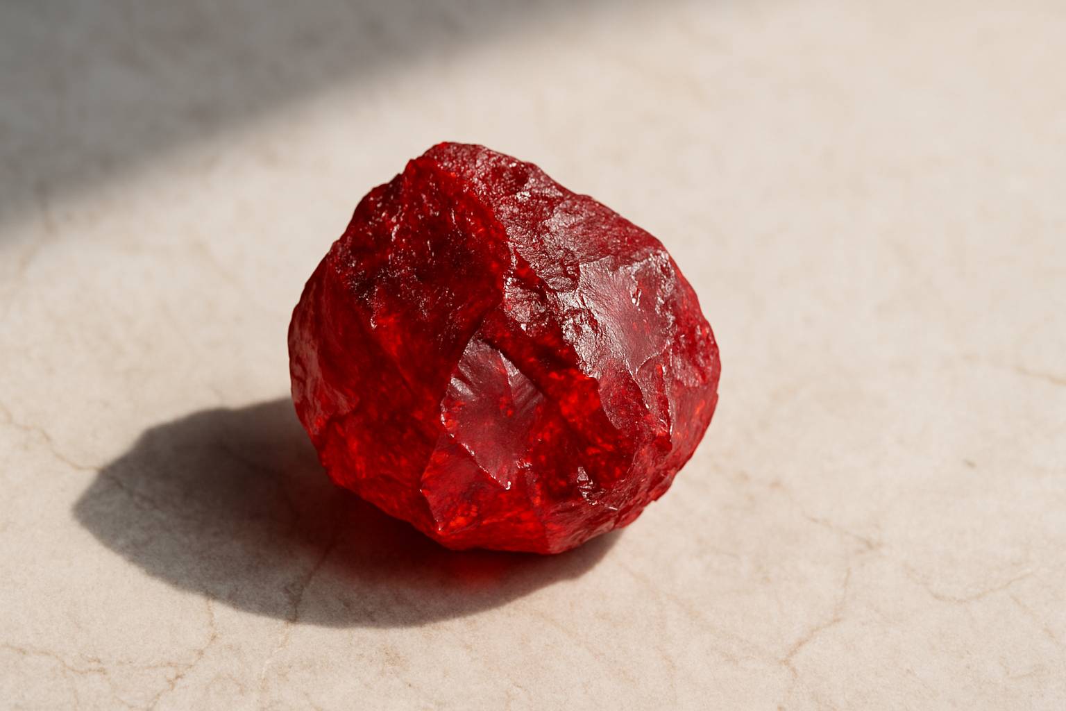 close-up of a raw african ruby in natural light, highlighting its color and texture