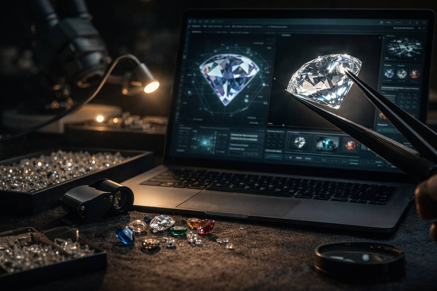 a photograph of gemstones being analyzed by a computer system