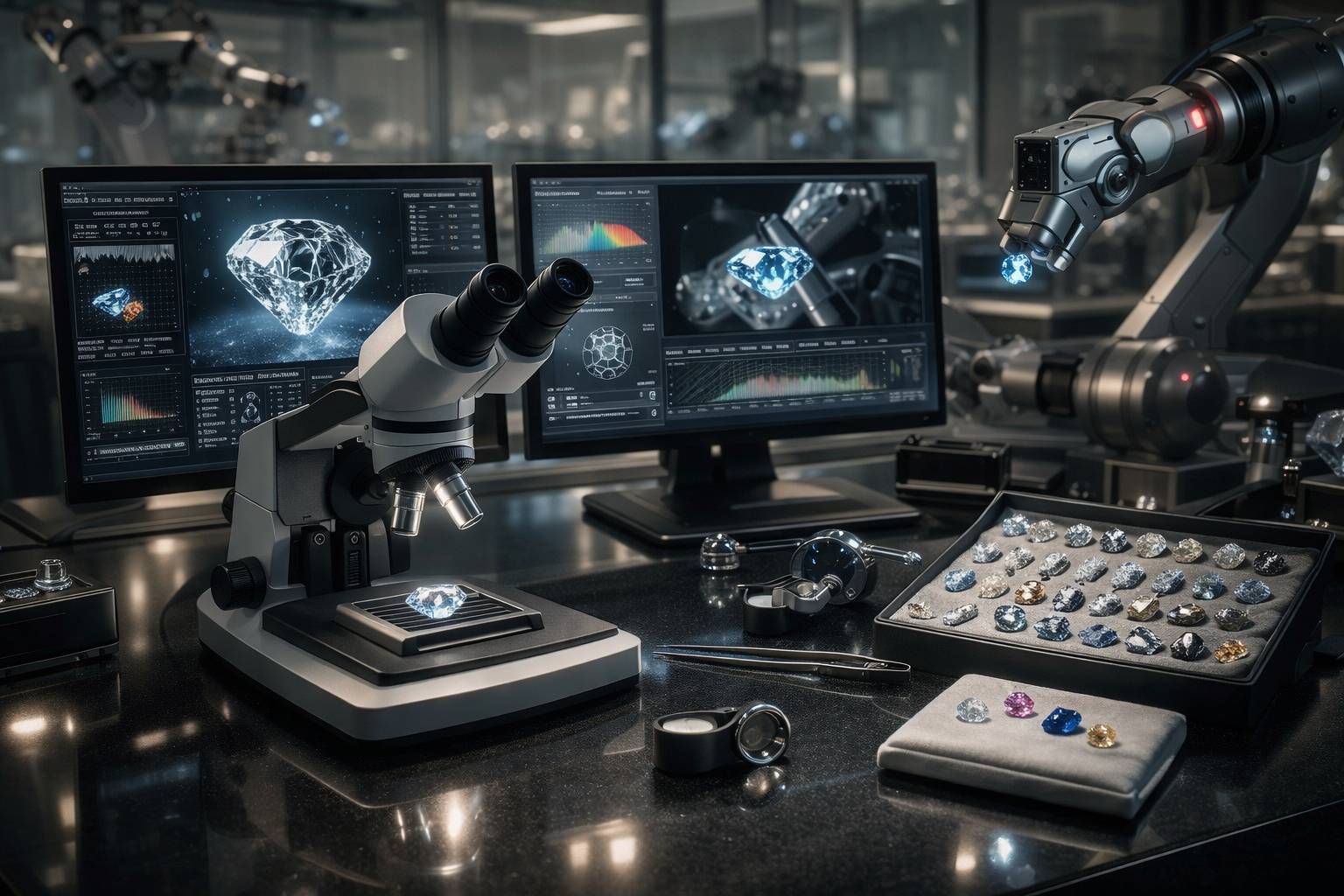 a sleek modern laboratory equipped with AI technology for gemstone grading