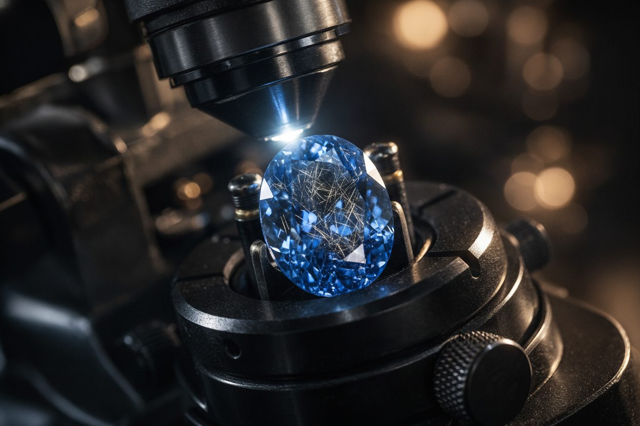 Macro view of fine rutile silk inclusions inside a blue sapphire under darkfield illumination