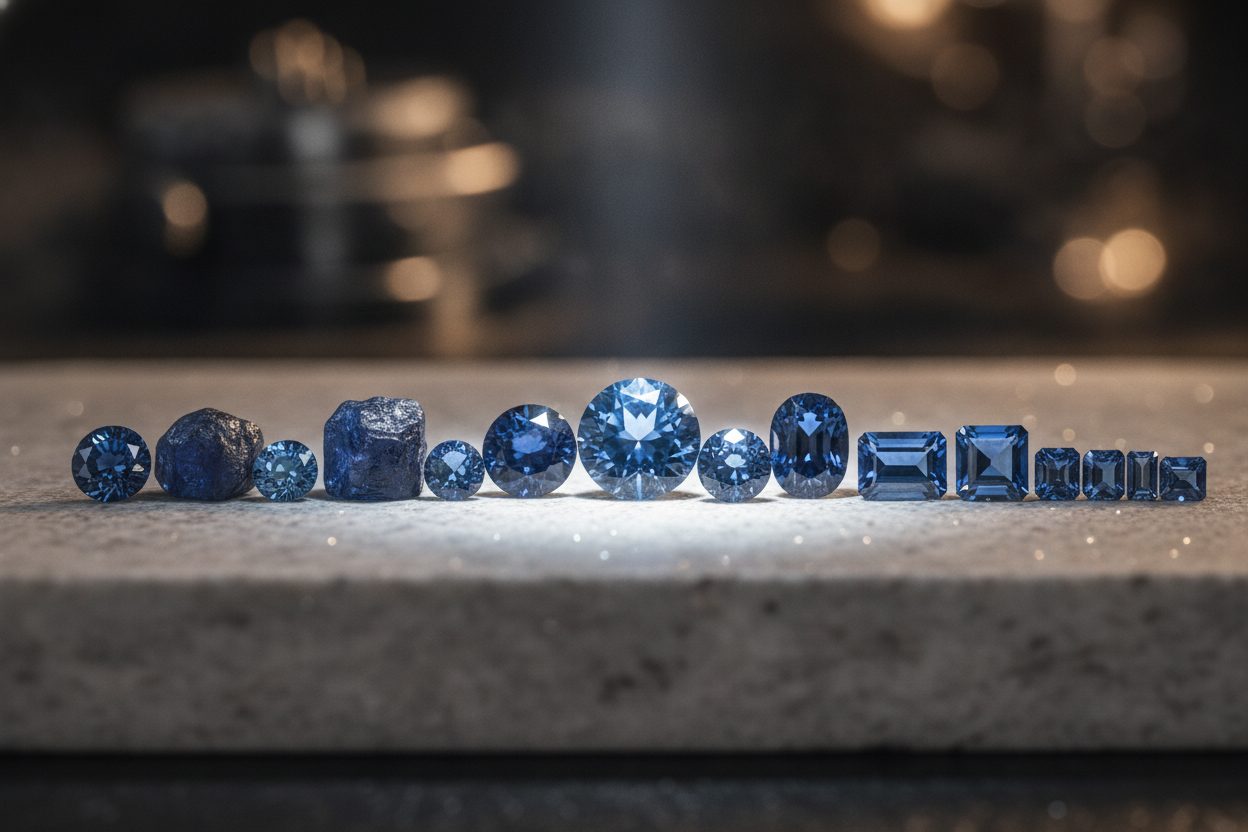 Row of rough and cut sapphires in varied blue tones arranged on pale stone slab