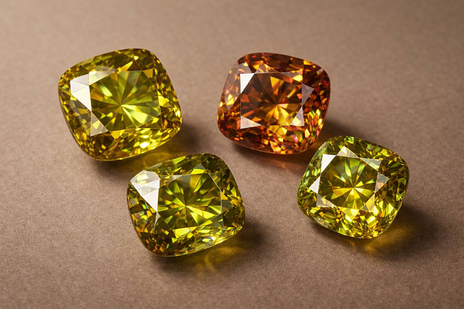 A detailed image showing the color range of sphene gemstones.
