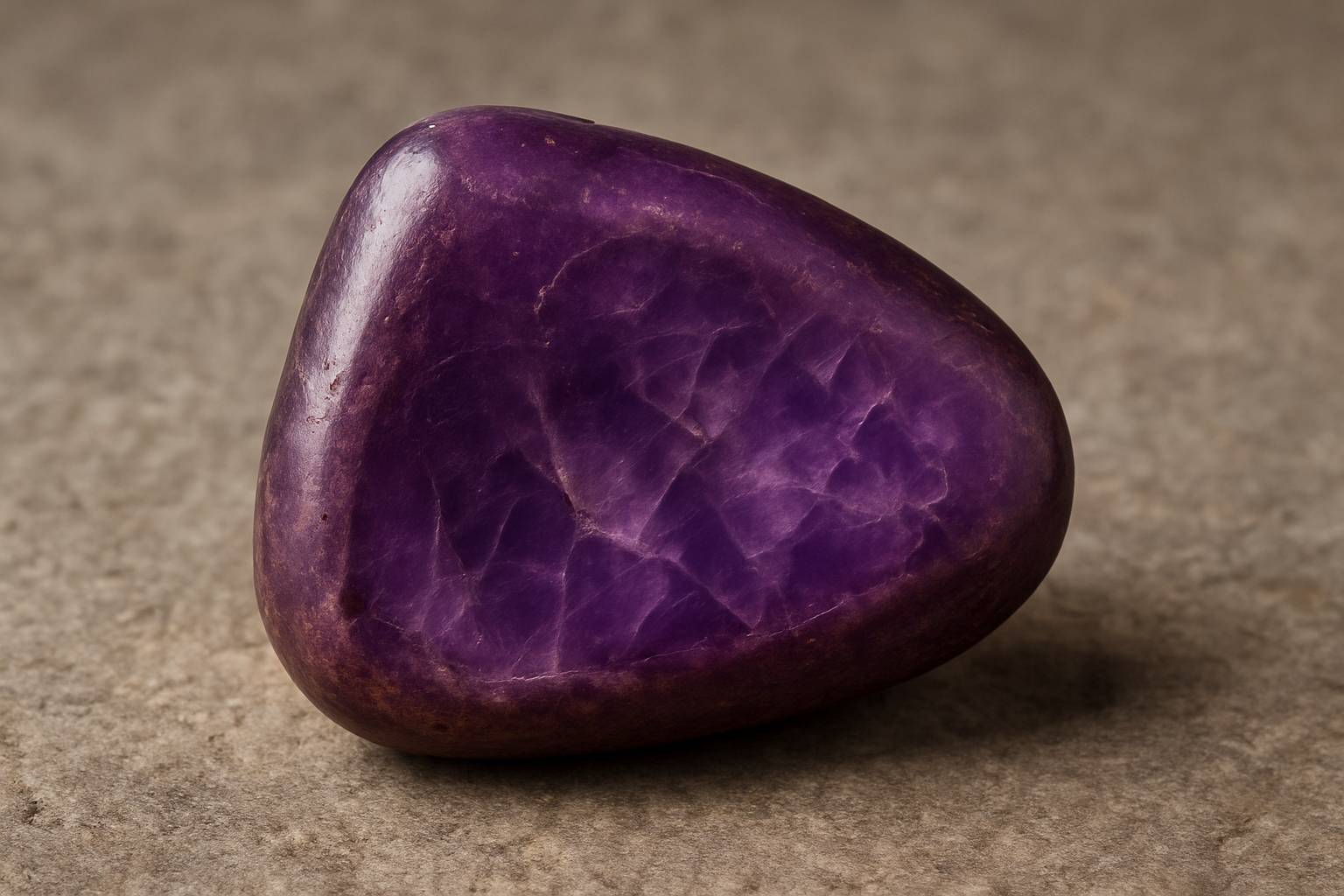 a close-up view of an ancient amethyst artifact on a neutral stone surface