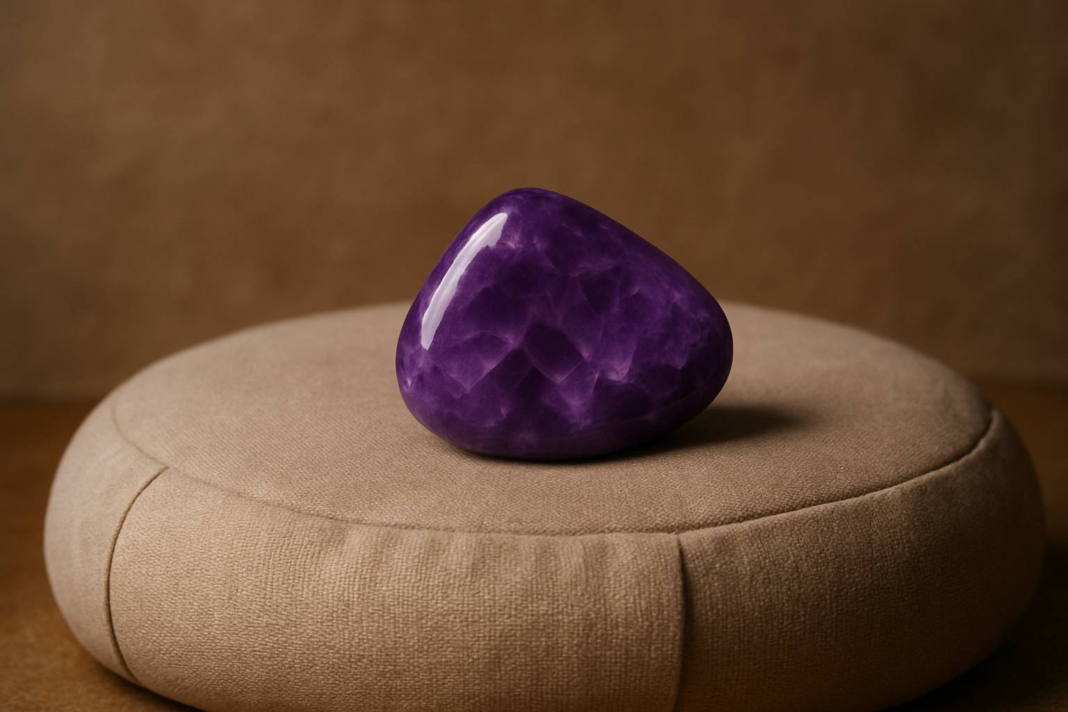 a tranquil scene with an amethyst crystal placed on a meditation cushion, soft light