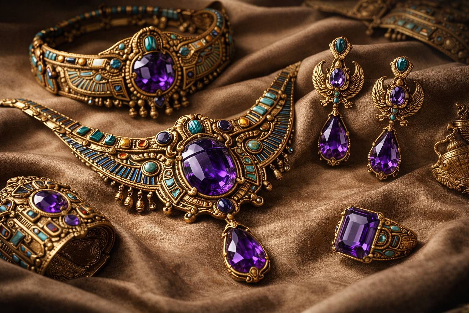 Ancient Egyptian jewelry featuring amethyst stones