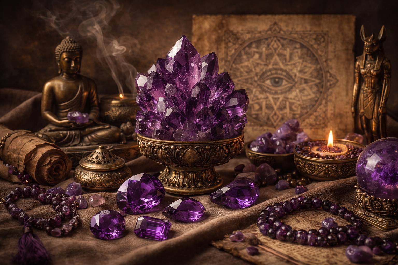 Artwork depicting amethyst's spiritual significance in various cultures