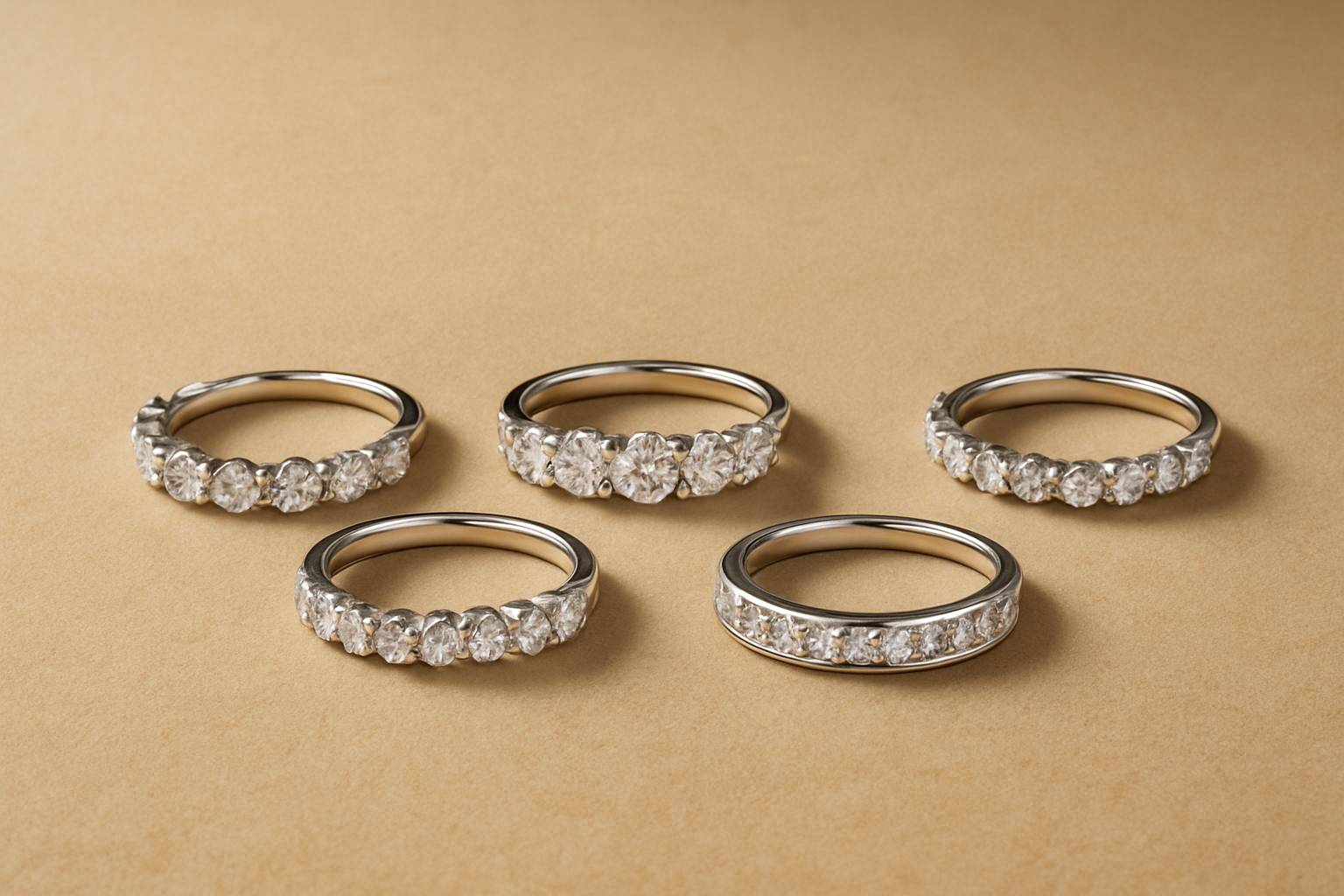 an array of different styled anniversary bands displayed on a neutral surface, emphasizing variety and elegance