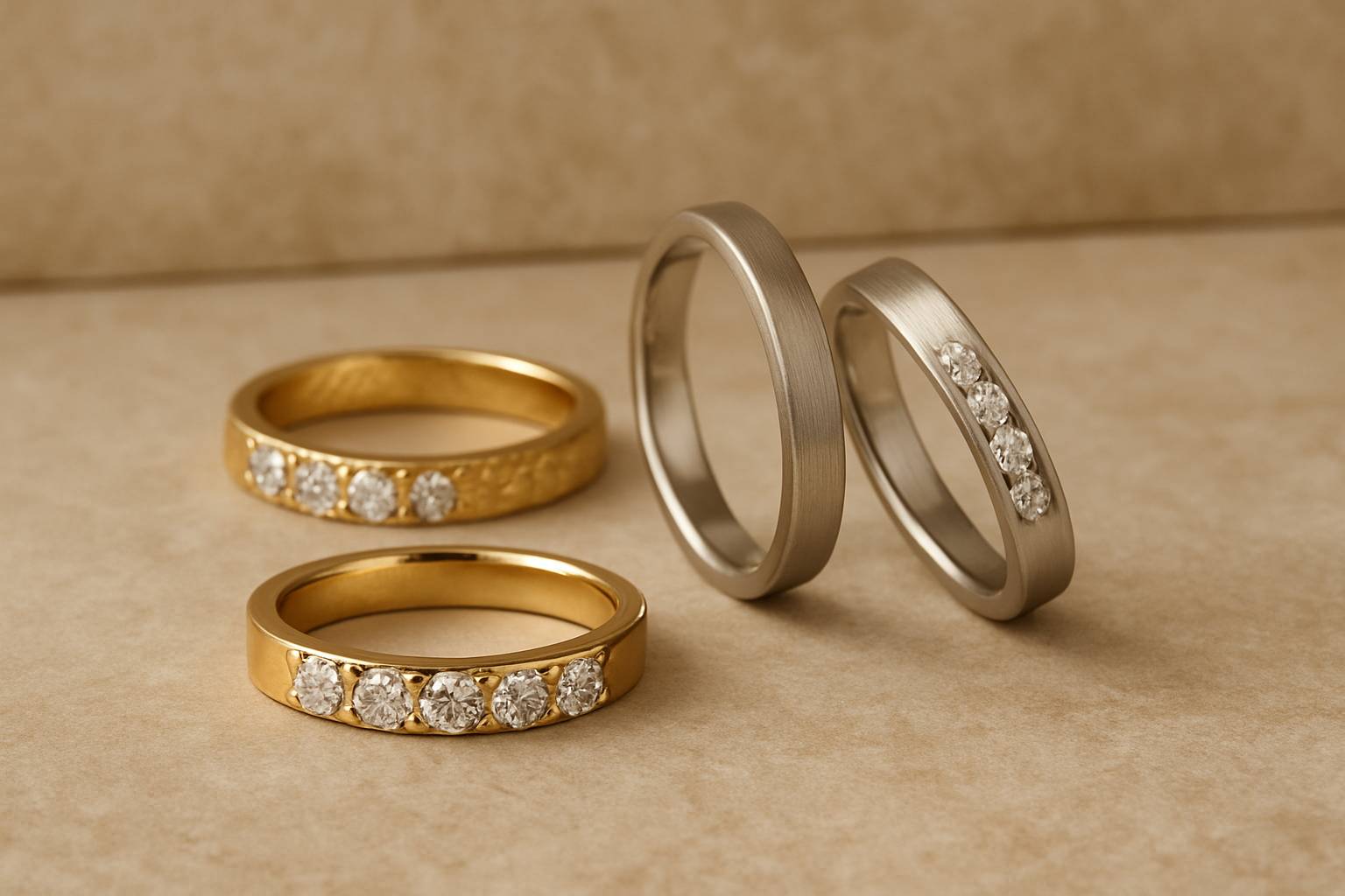 a selection of anniversary bands in gold, platinum, and palladium, highlighting their unique finishes and textures