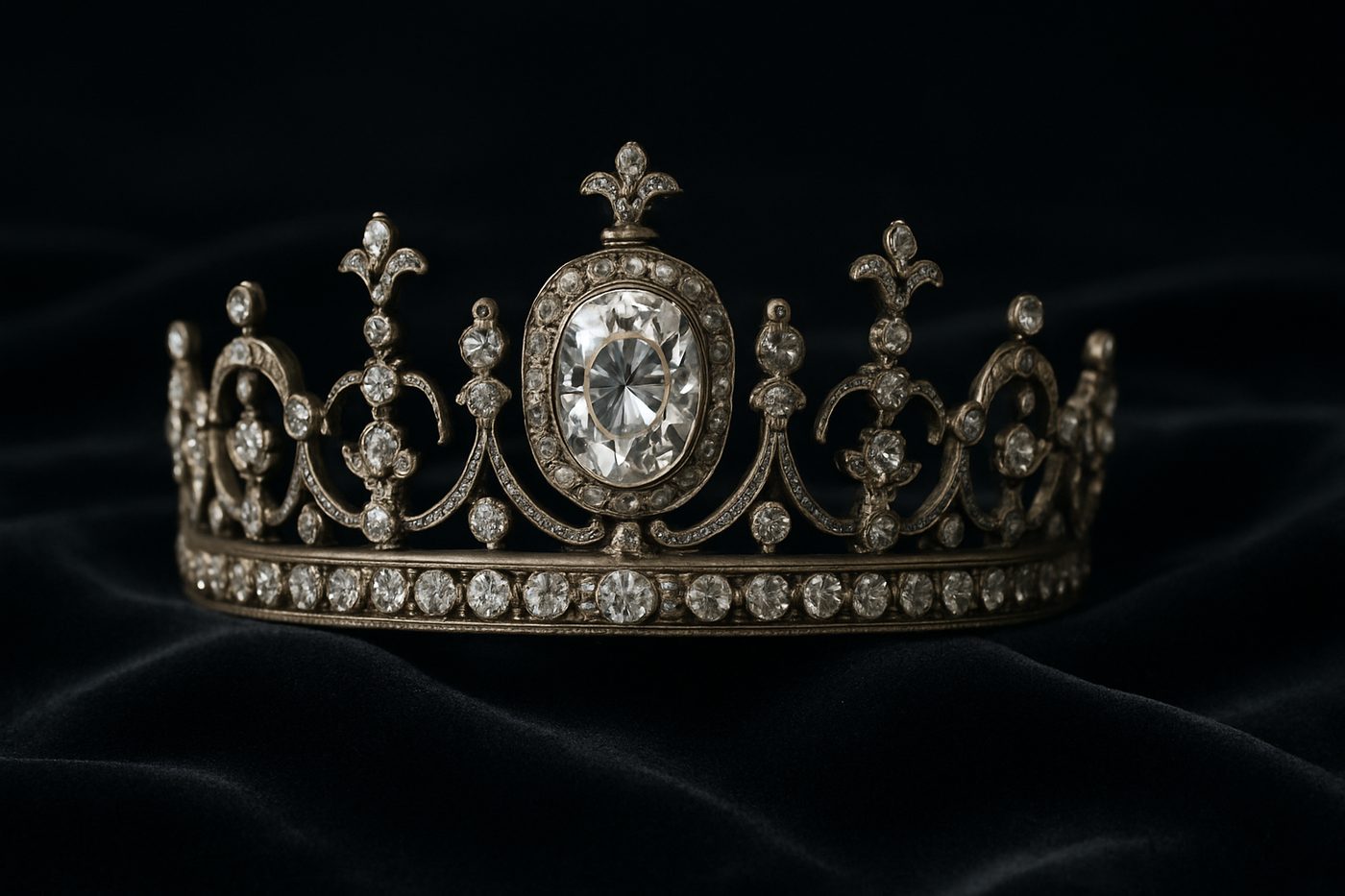 an ancient diamond crown displayed on a velvet cloth, subtle reflections
