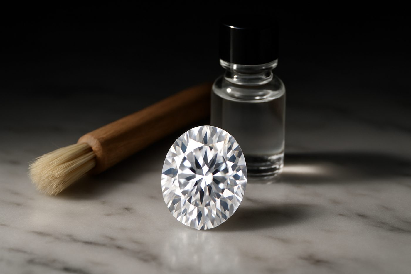 a soft brush and cleaning solution next to a sparkling diamond ring on a marble surface