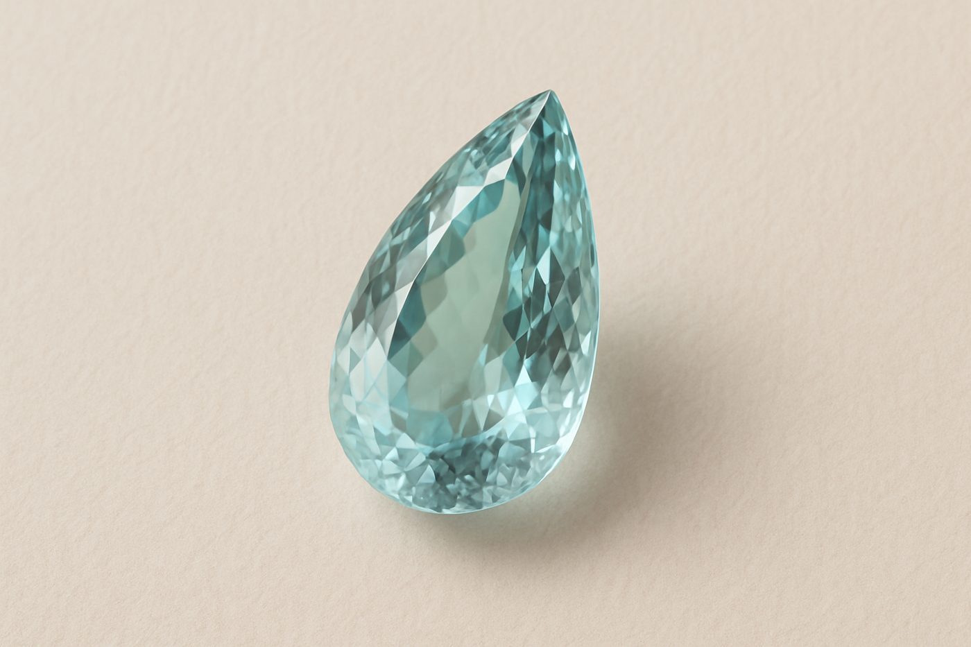 a close-up of a polished aquamarine gemstone on a light background