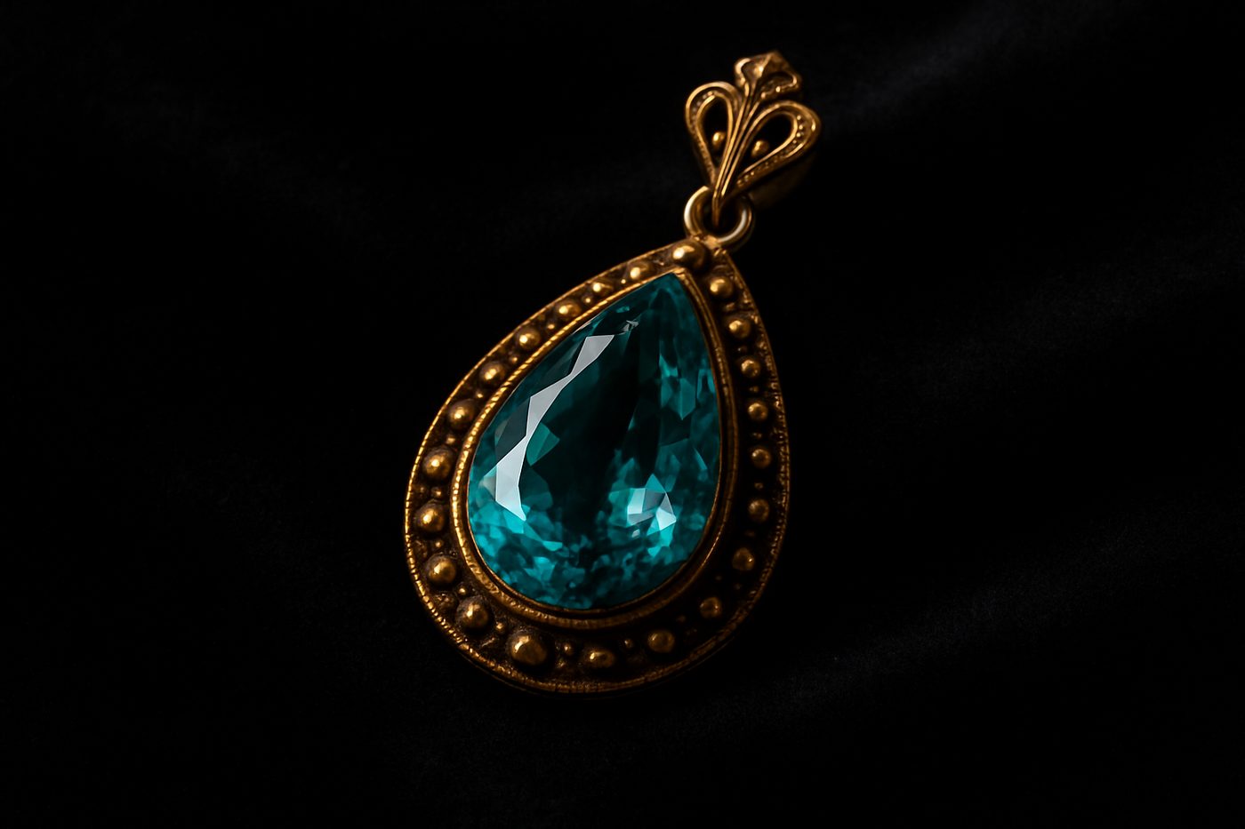 an antique aquamarine pendant on a dark velvet surface