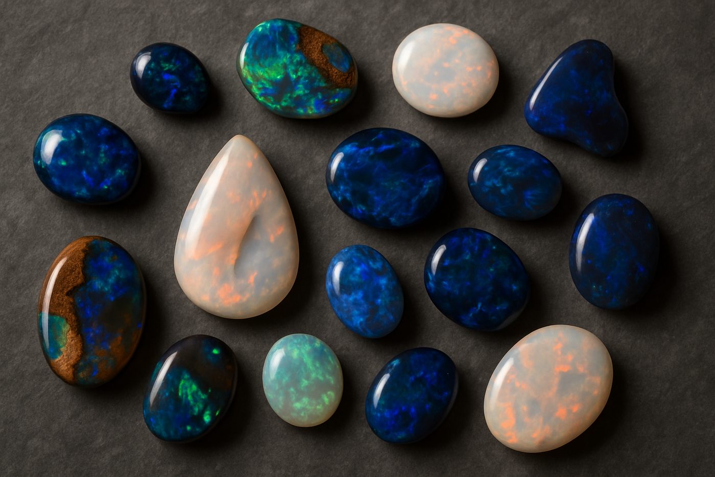 a layout of different types of Australian opals, including black, white, and boulder opal