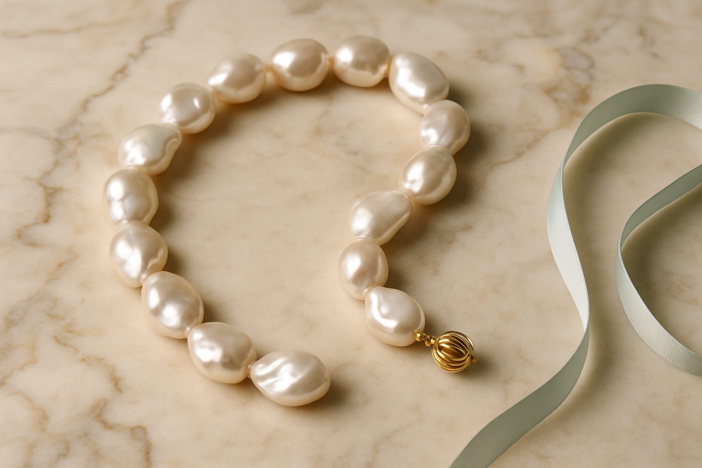 a delicate baroque pearl necklace elegantly displayed on a marble surface
