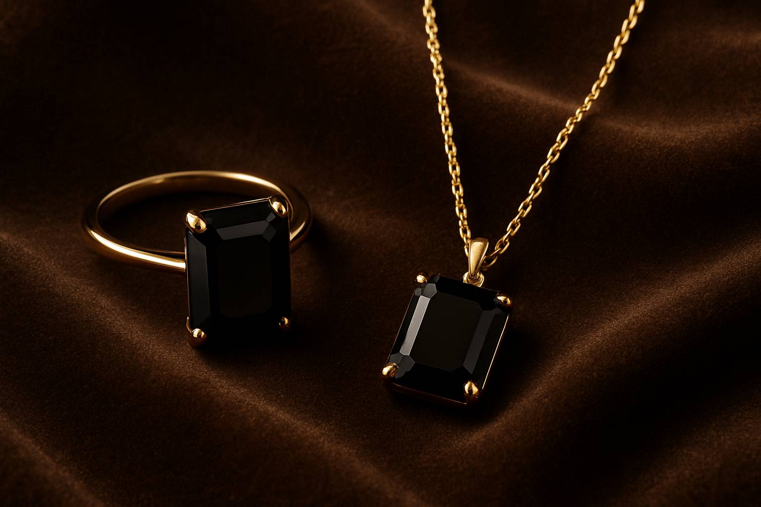 an elegant black spinel ring and necklace displayed on a velvet background
