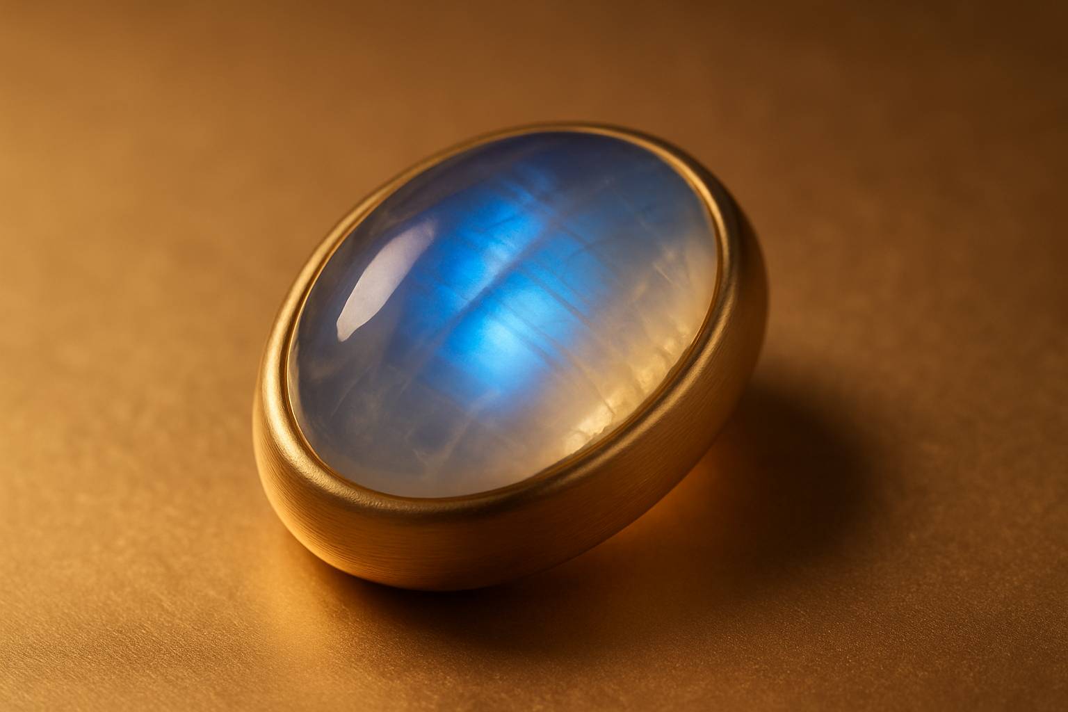 a close-up of a blue moonstone showcasing its adularescence on a neutral background