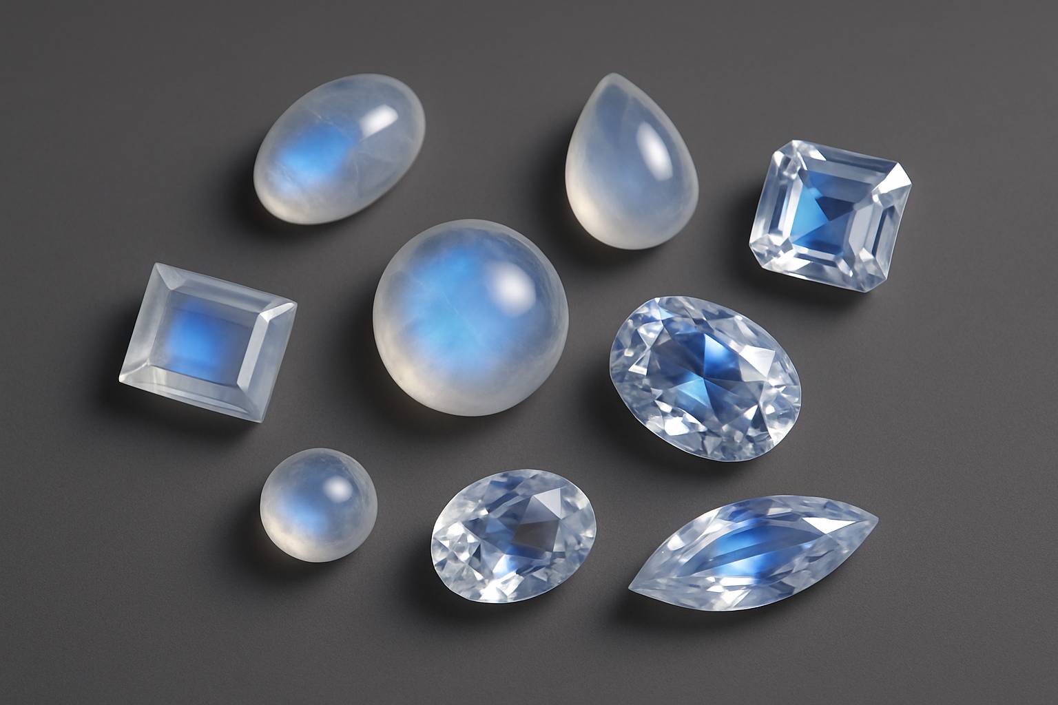 various blue moonstones displayed, highlighting different colors and cuts on a neutral surface