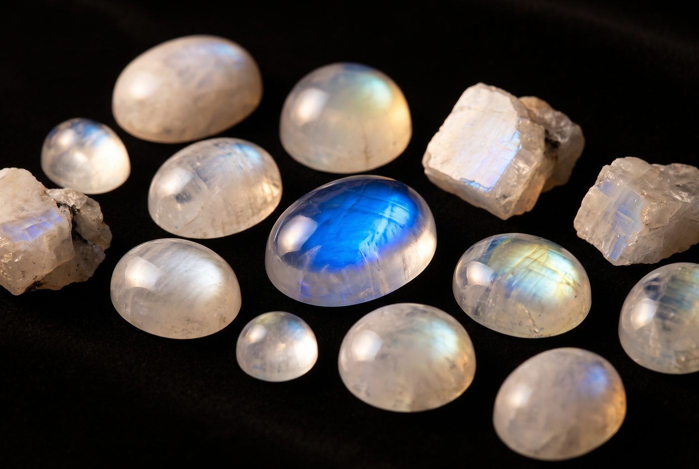 Parcel of rough and cut moonstone cabochons showing varied blue and silvery sheen strengths