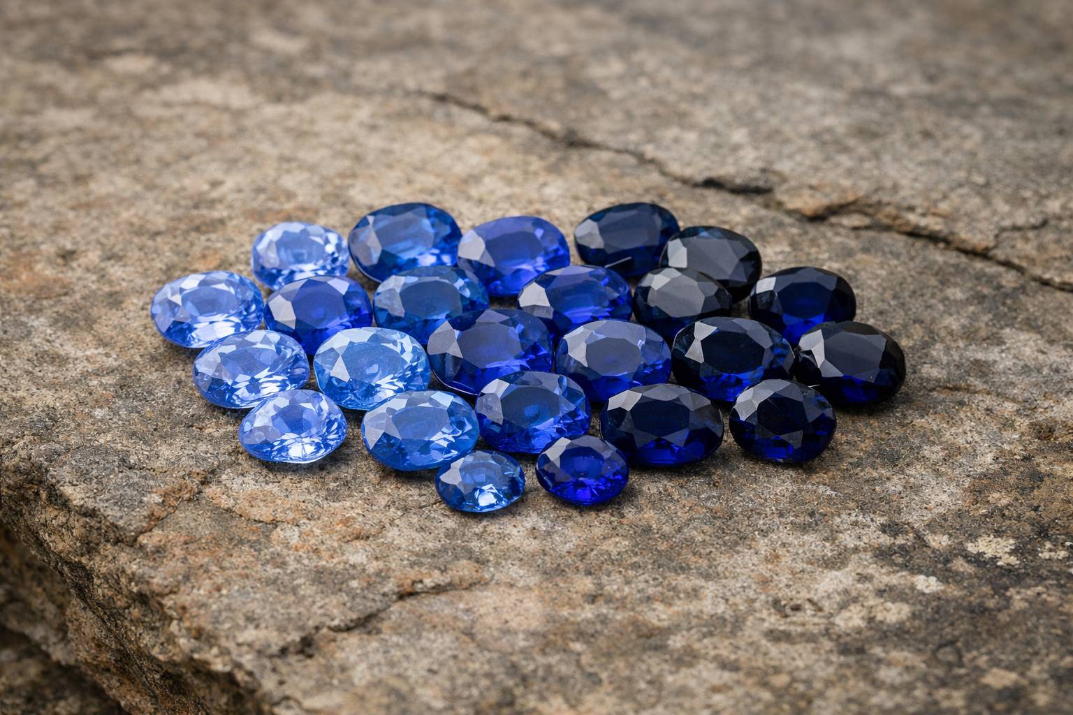 an array of blue sapphires from Sri Lanka, Madagascar, and Burma, displayed on a simple surface to highlight their color differences