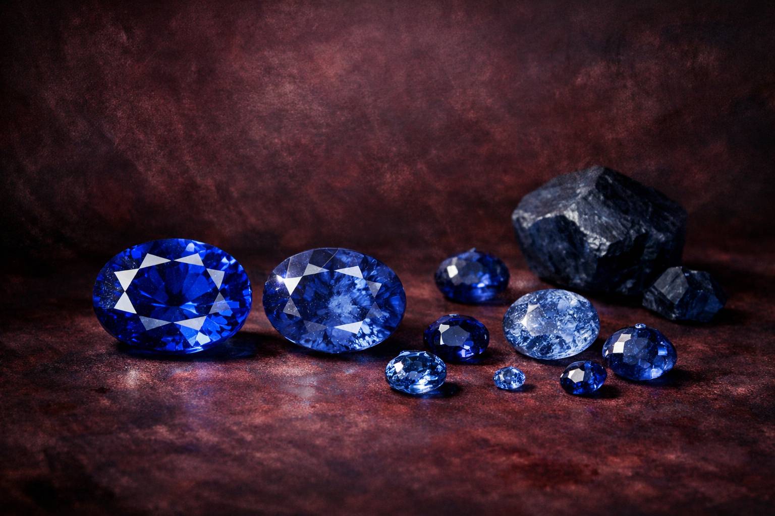 a detailed view of blue sapphires with varying clarity grades, arranged to emphasize the quality differences