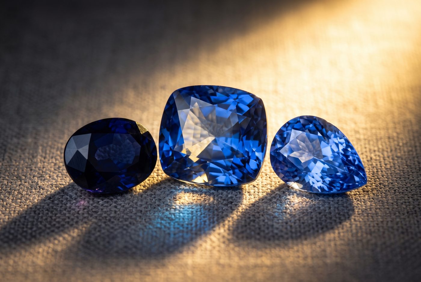 Three unmounted blue sapphires of differing tone arranged on neutral grey linen