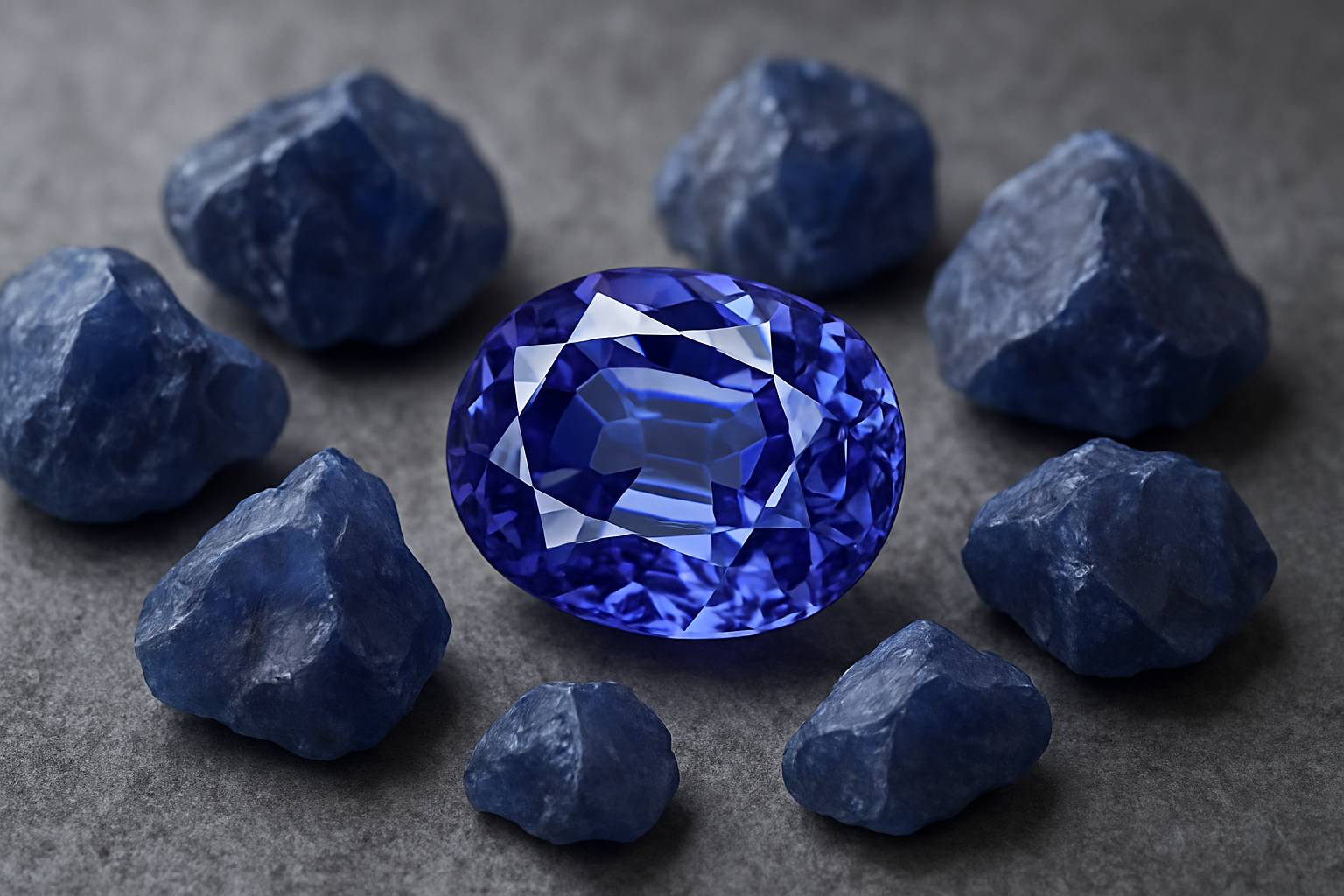 a collection of rough blue spinel stones on a textured background