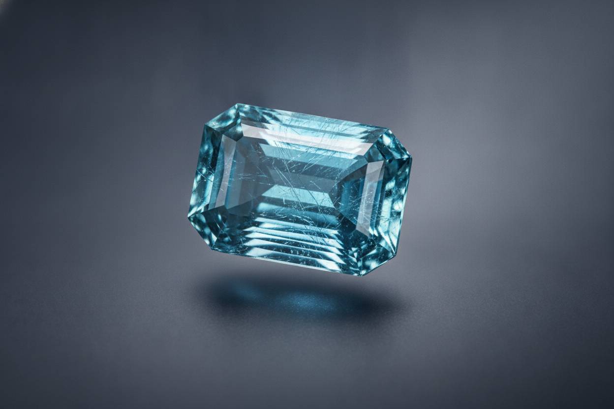 Loupe view of blue tourmaline showing fine needle inclusions and subtle colour zoning