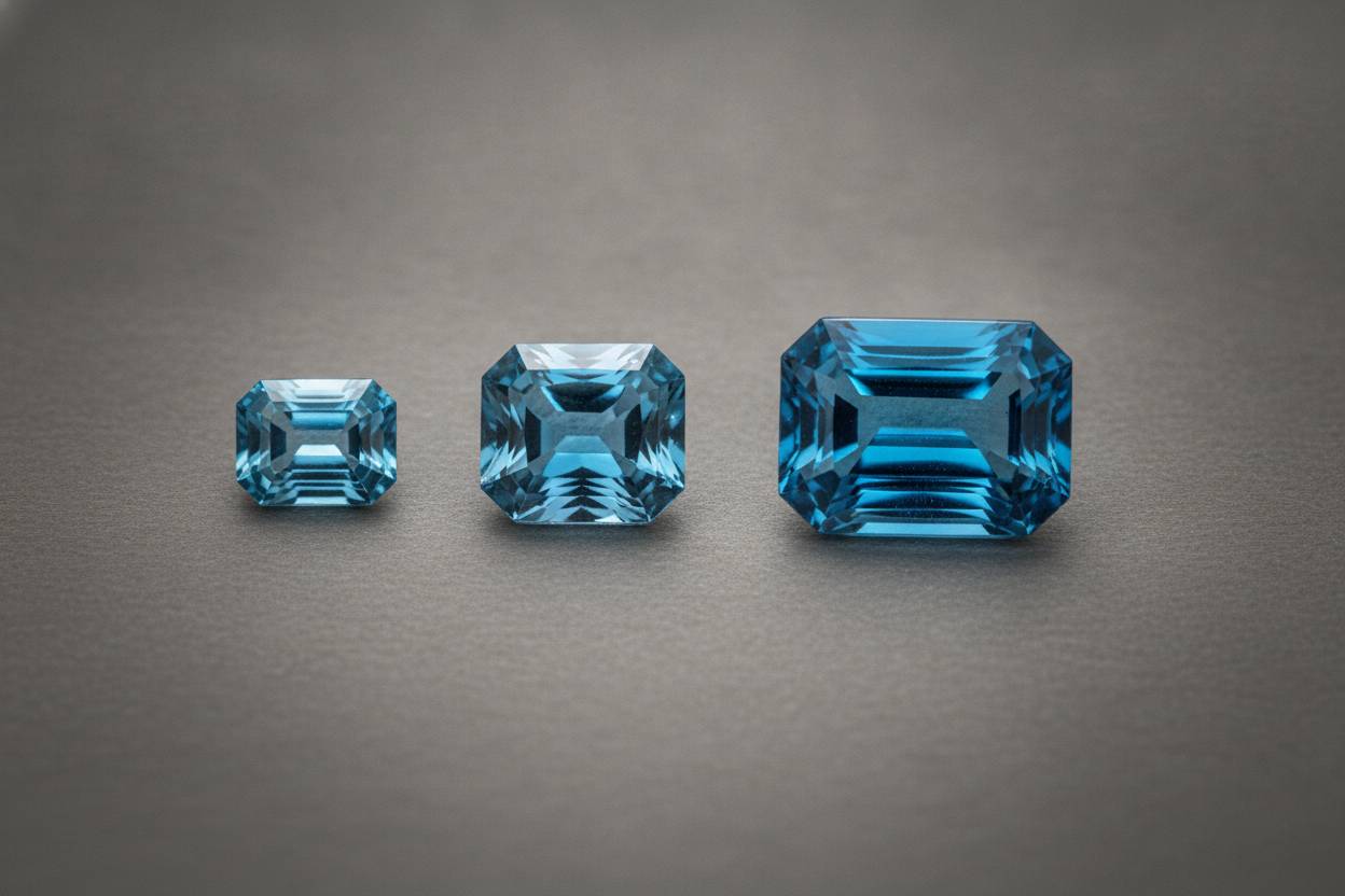 Three blue tourmalines of increasing size and saturation arranged on neutral grey card