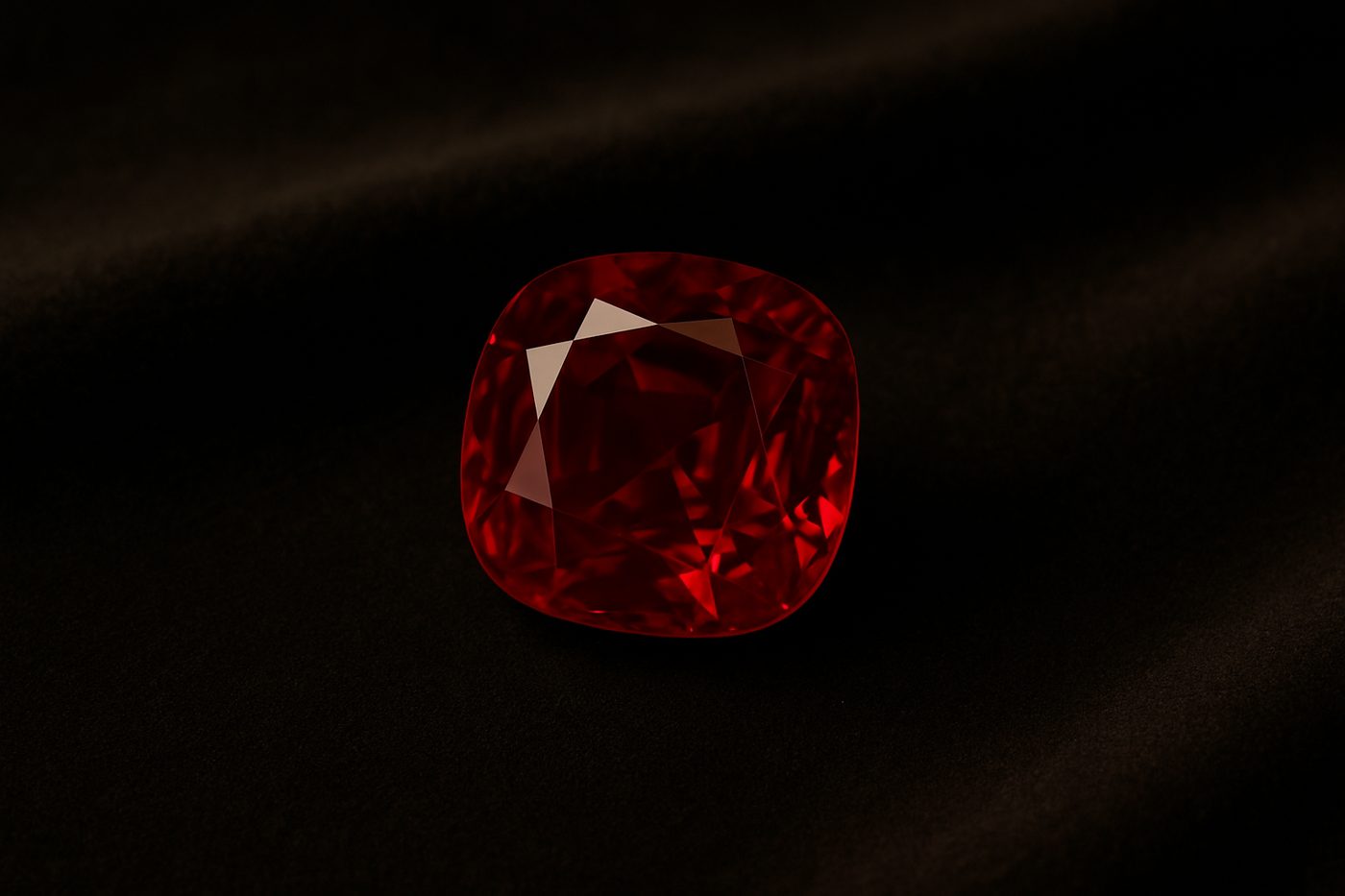 a close-up of a deep red Burmese ruby showcasing its clarity on a soft surface