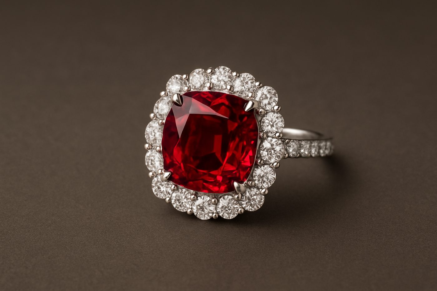 an elegant piece of jewelry featuring a Burmese ruby set with diamonds on a neutral background