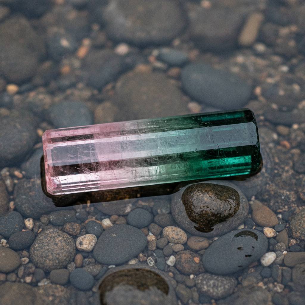 Elbaite tourmaline prism showing striated faces and sharp pink-to-green colour zoning, macro detail