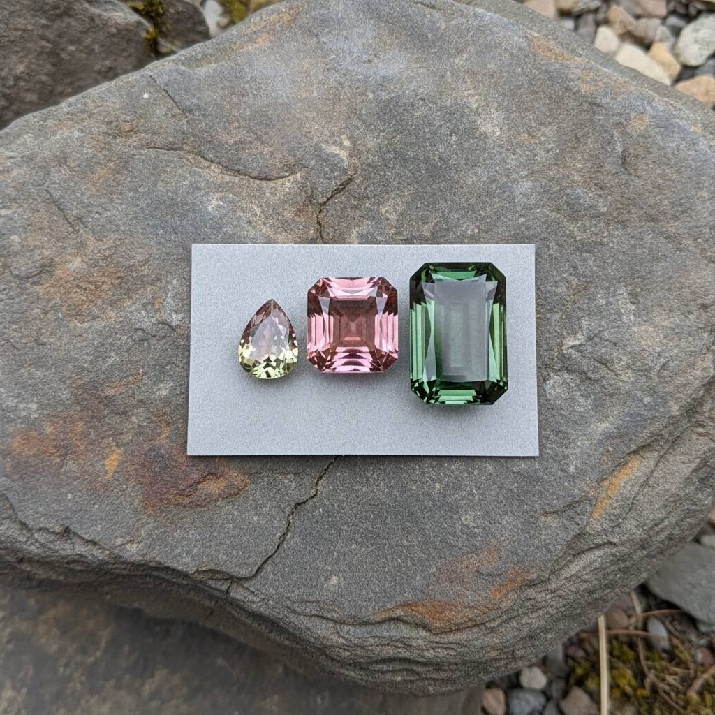 Three faceted bi colour tourmalines of ascending size on grey card, daylight lighting