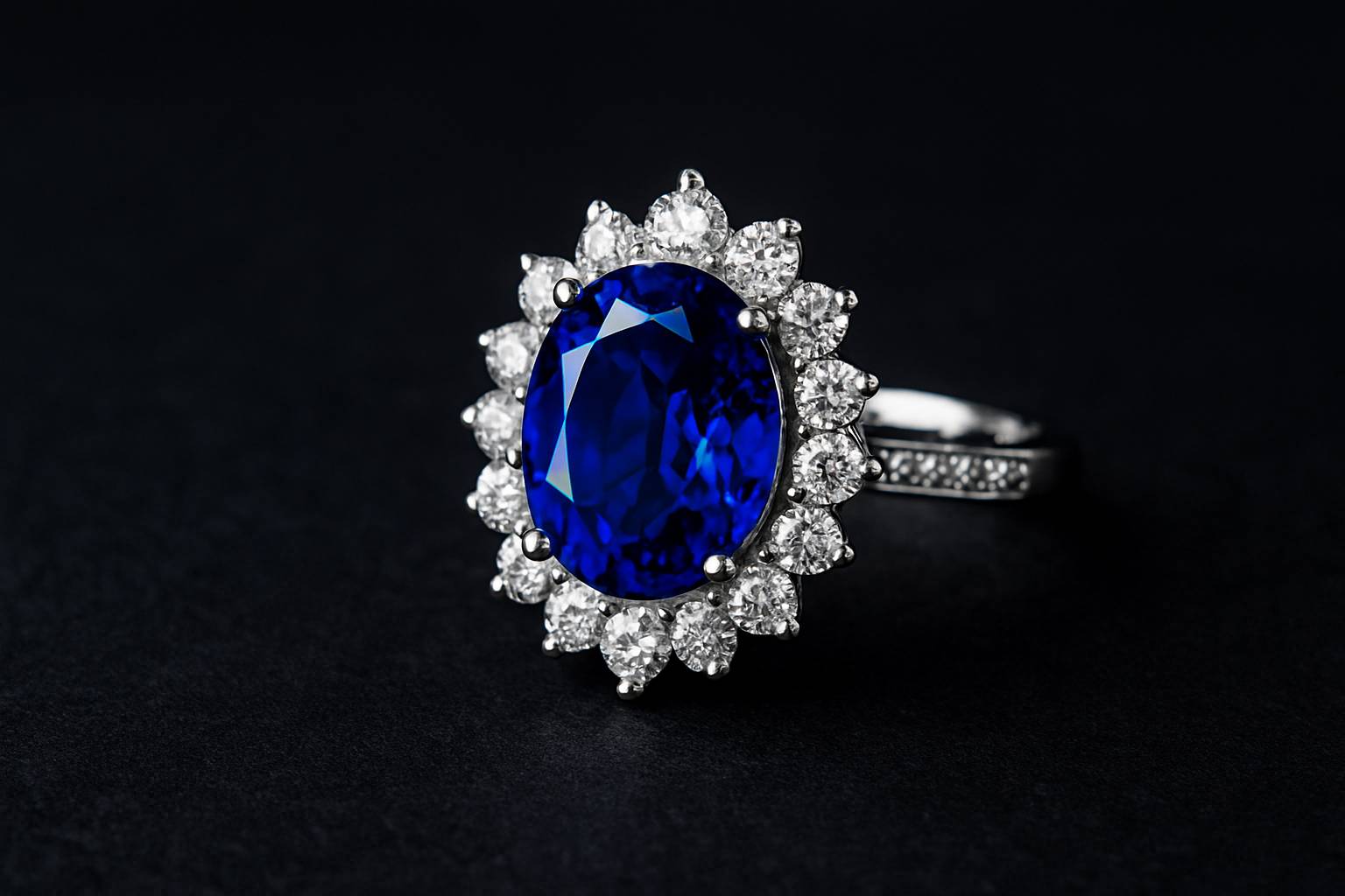 a close-up of a blue sapphire surrounded by diamonds, elegantly displayed