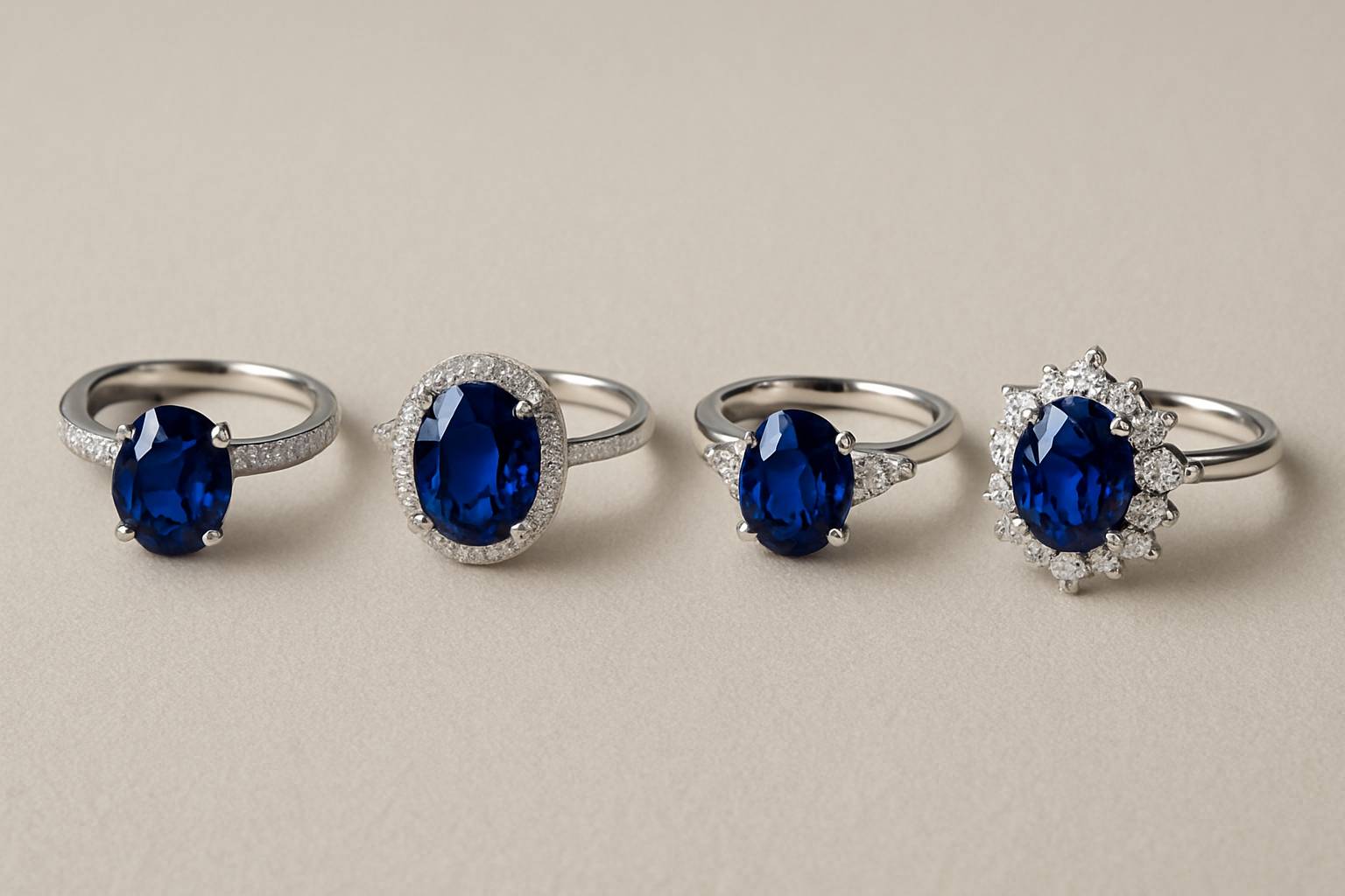an array of sapphire engagement rings on a neutral background, showcasing various styles