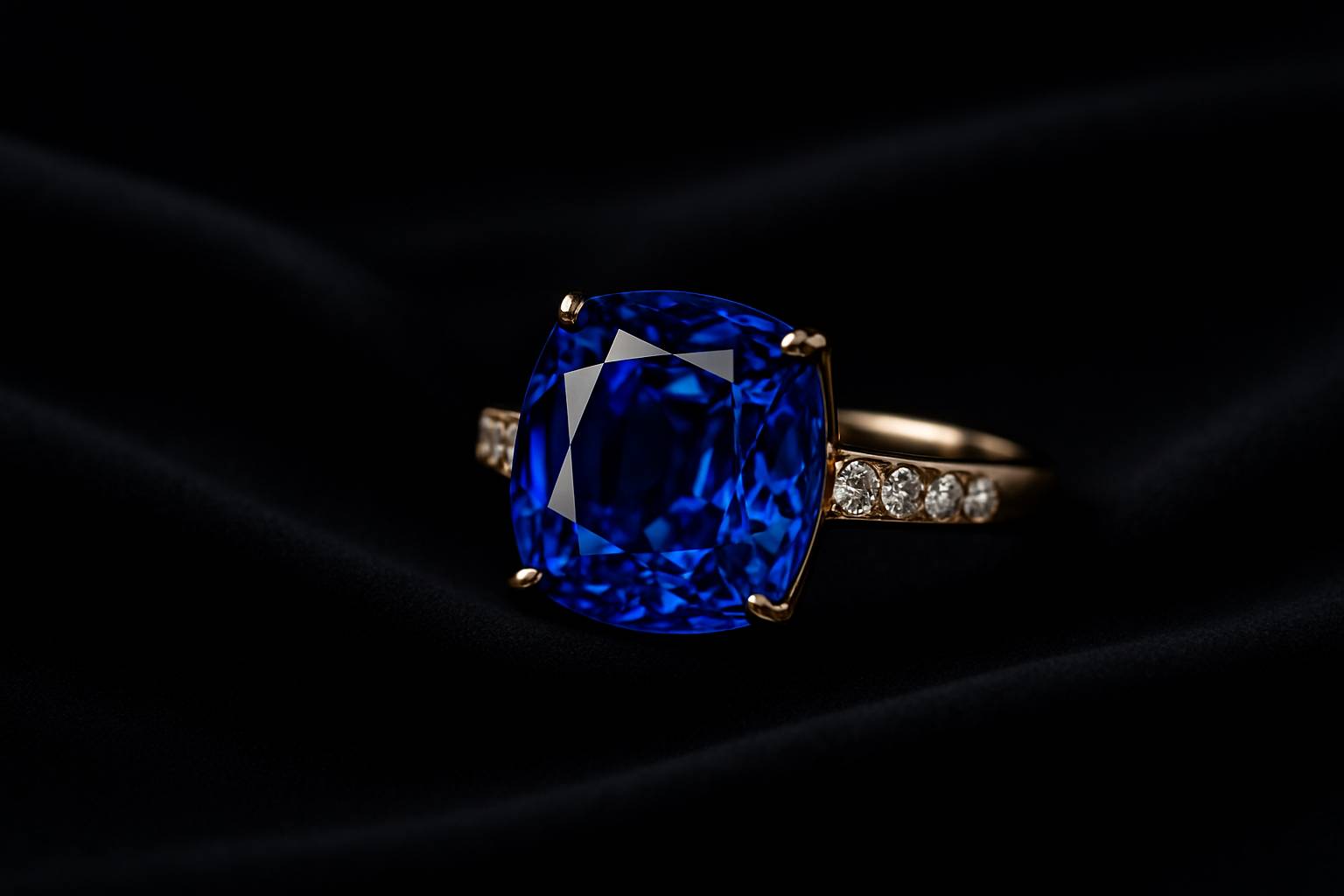 a close-up of a finely crafted ring featuring a vibrant ceylon sapphire, elegantly displayed on satin fabric