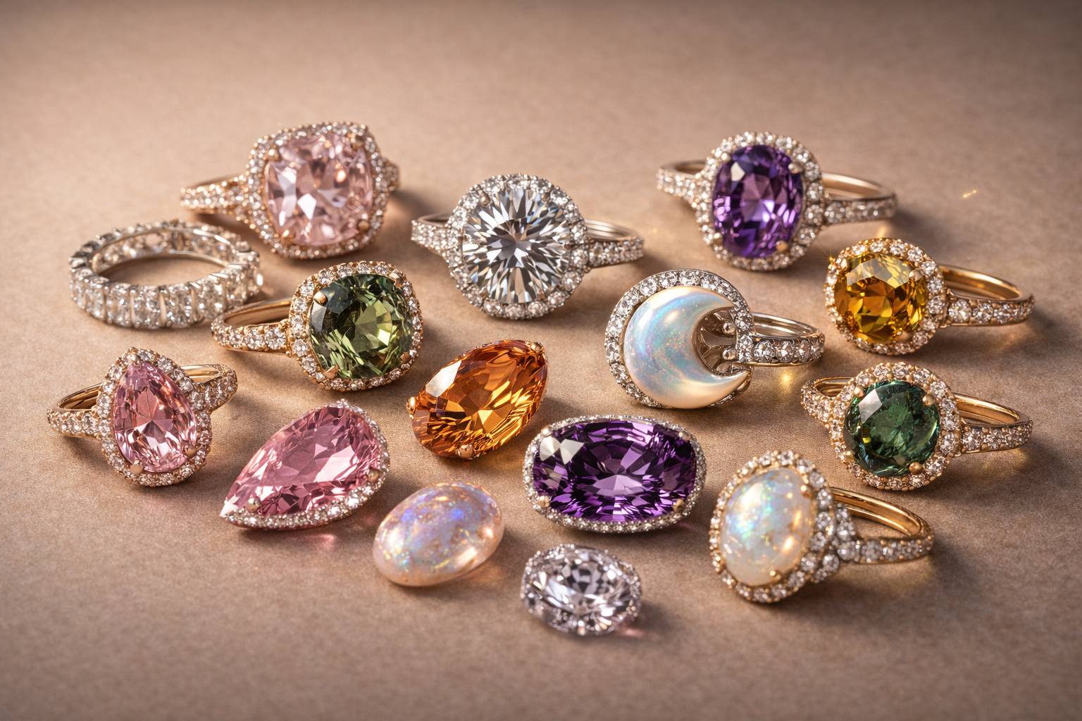 Close-up of various gemstones showcasing different colors and textures