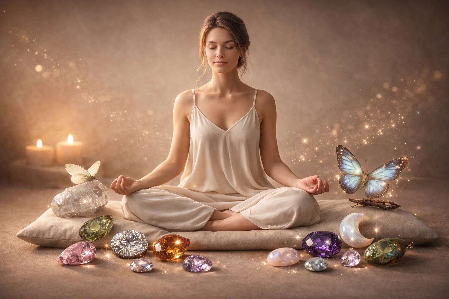 A serene setting with a person meditating surrounded by gemstones