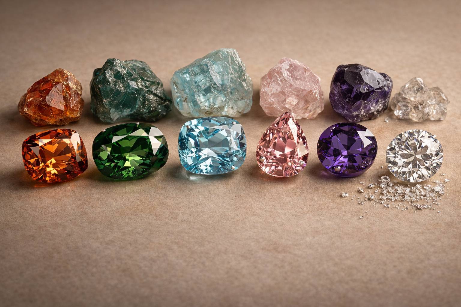Close-up of gemstones showing different hardness levels.