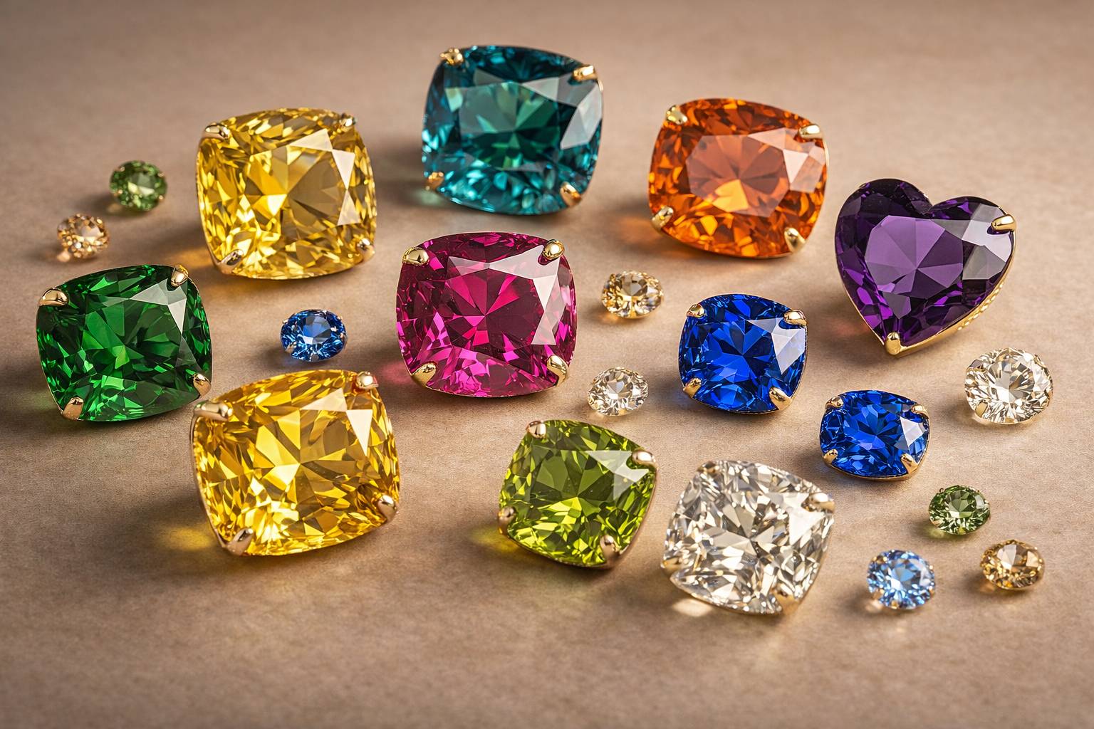 Gemstones displayed highlighting clarity and color variations.