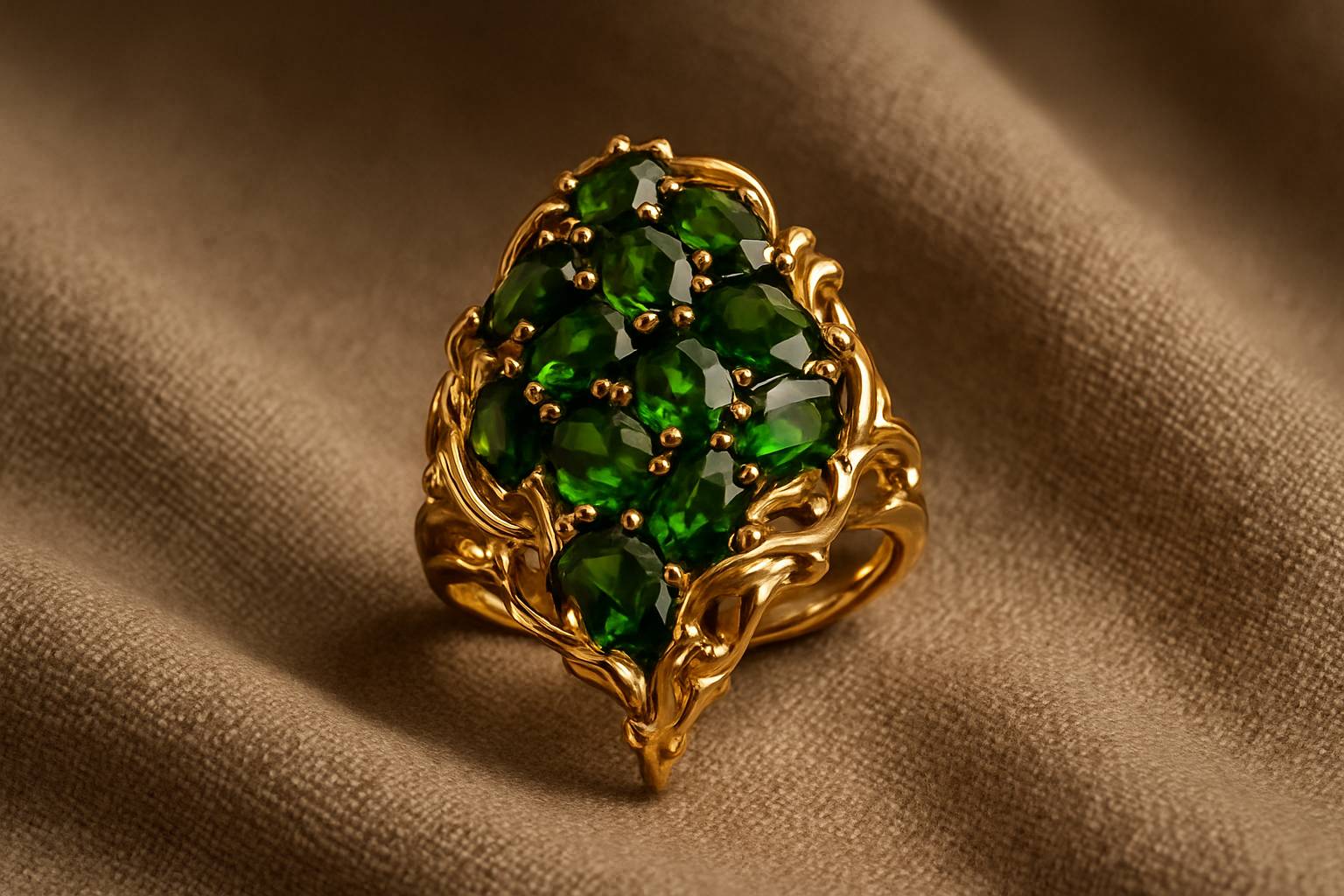 an elegant piece of jewelry featuring chrome diopside set in gold, displayed on a soft fabric