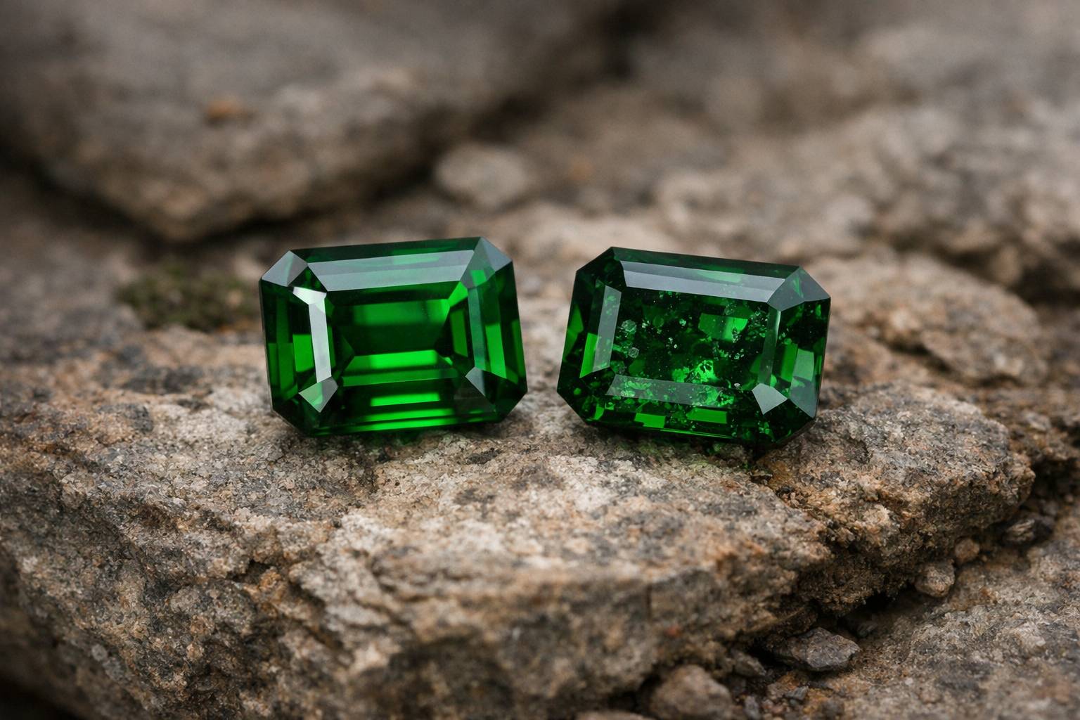 a close-up view of two chrome tourmaline stones, one VS and one SI-1, showcasing their differences in clarity