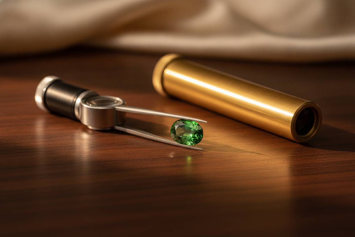 Loupe and refractometer on a workbench with a faceted green tourmaline in tweezers