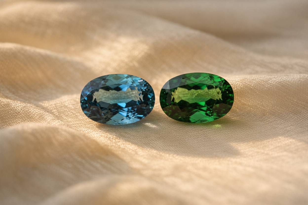 Two faceted green gems under diffused daylight showing contrasting blue-green and leaf-green hues
