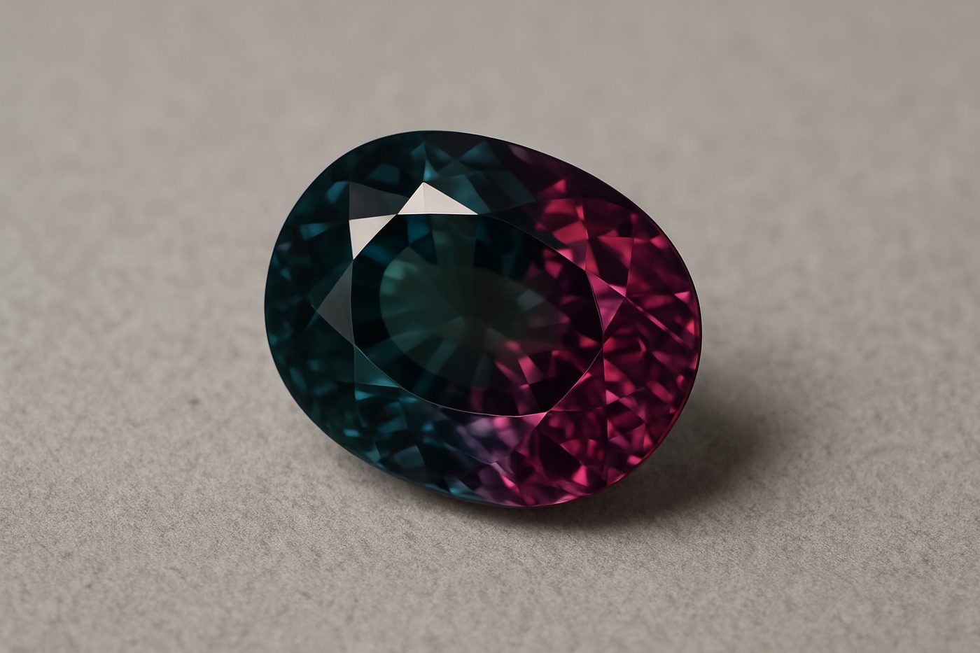 a finely cut Alexandrite chrysoberyl showcasing its color change on a neutral surface