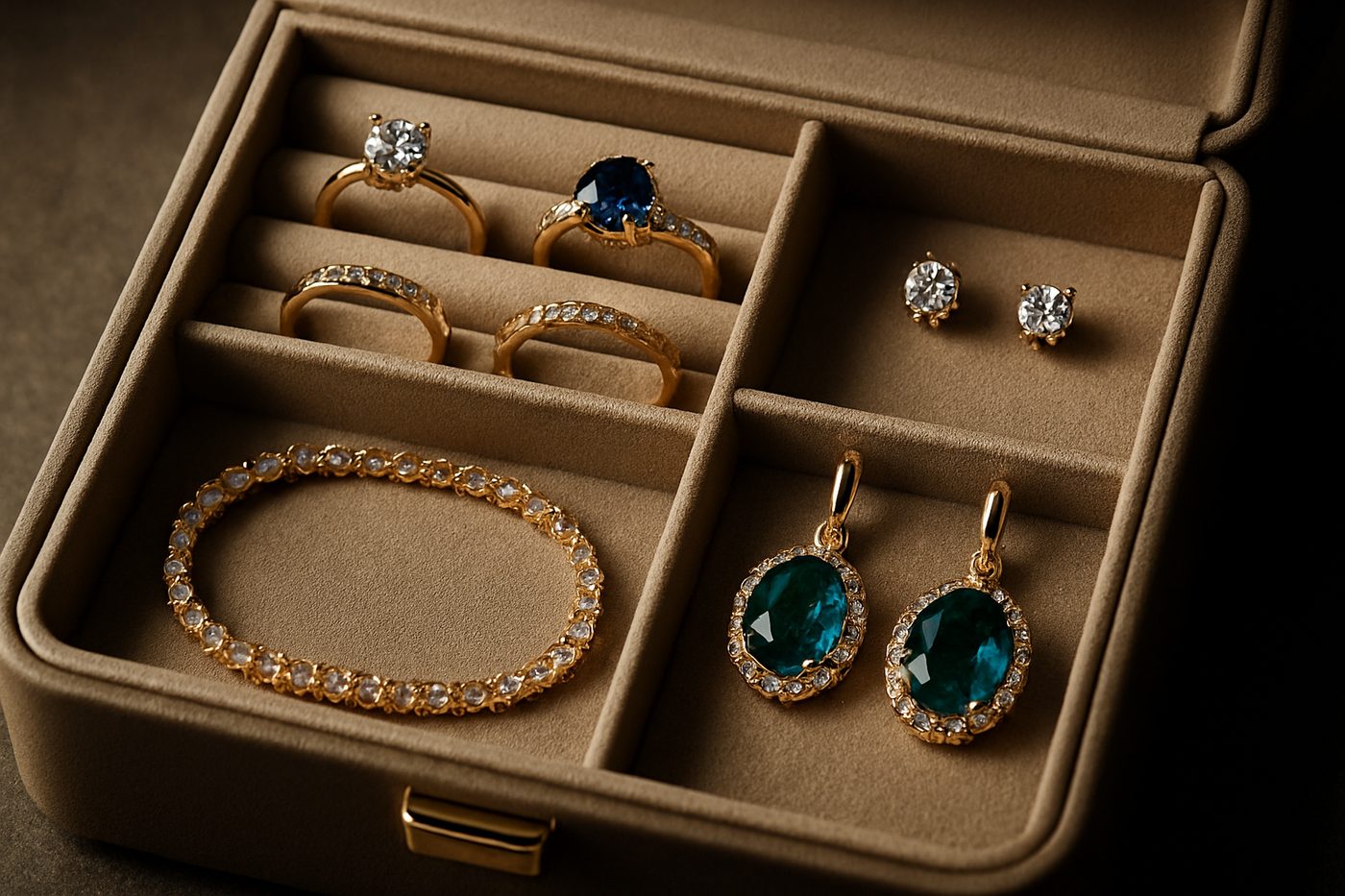 a well-organized jewelry box with classic jewelry pieces neatly stored inside