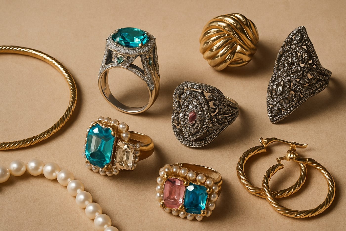 an assortment of fine and costume jewelry pieces on a neutral background