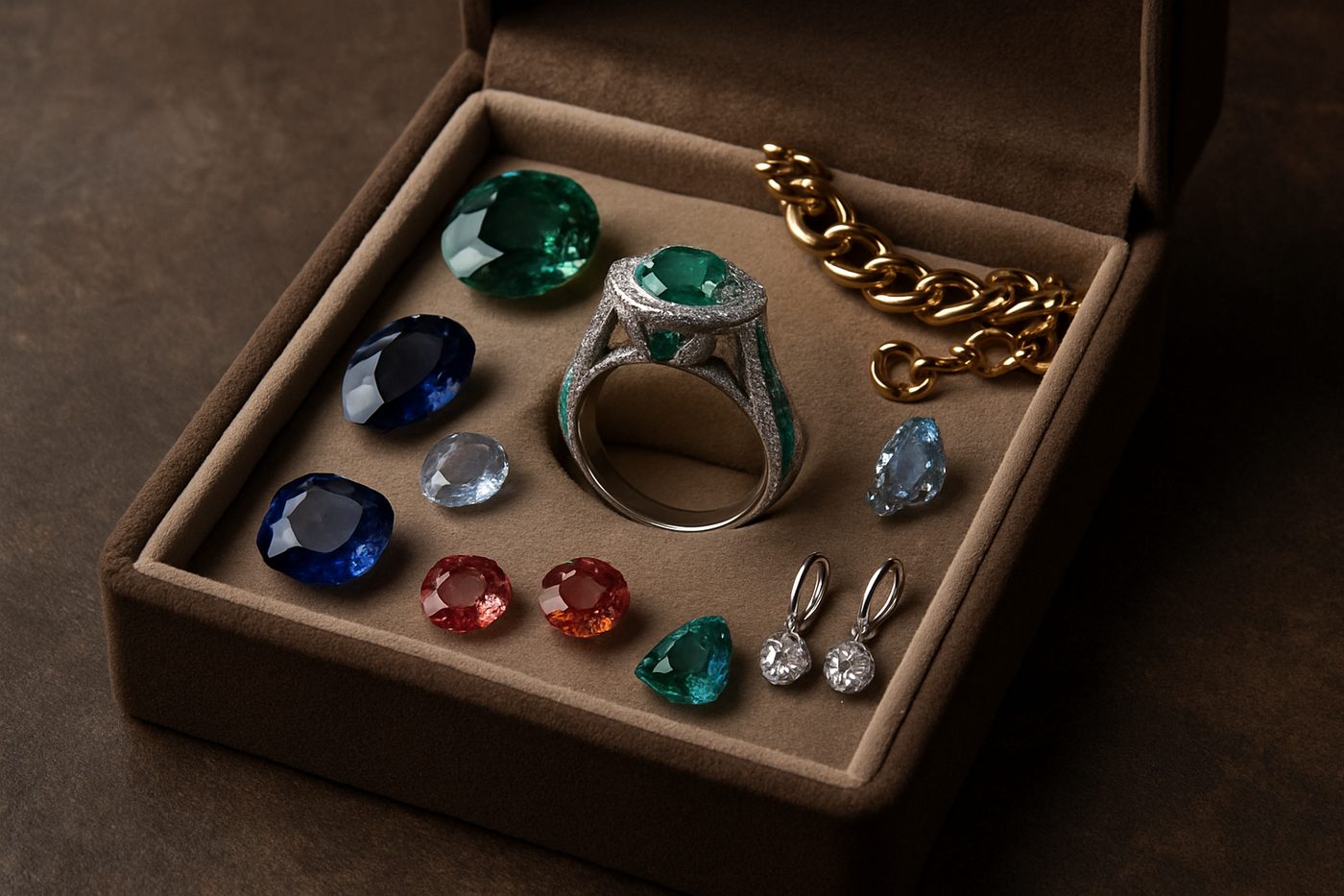 a close-up of an elegant jewelry box filled with assorted gemstones and jewelry items