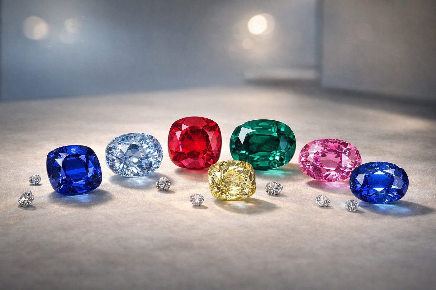 a selection of high-quality colored gemstones arranged artistically on a neutral surface