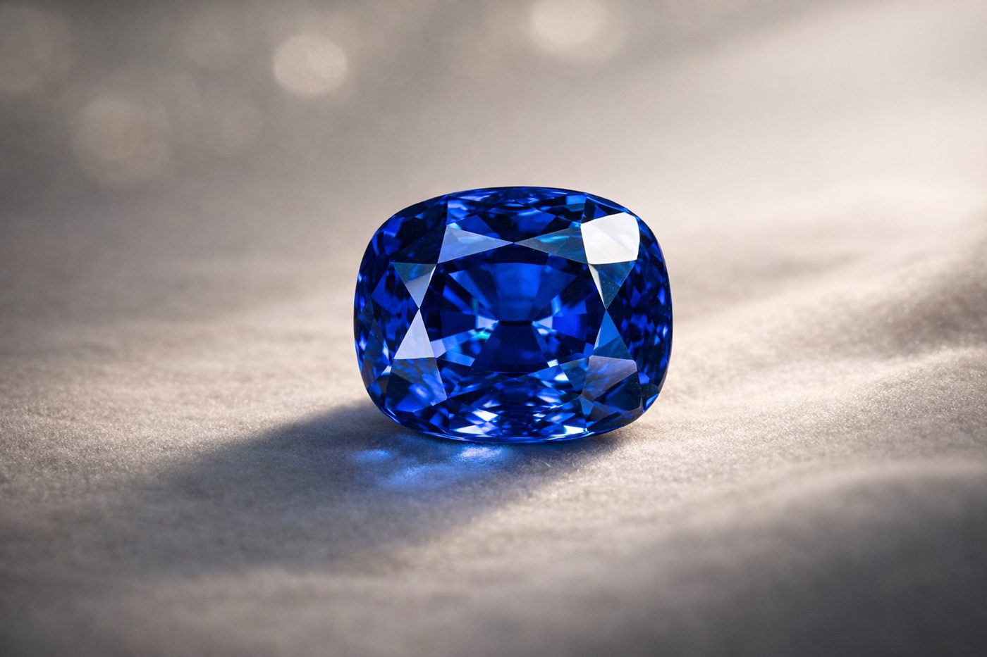 a close-up of a vivid blue sapphire set against a soft, neutral backdrop